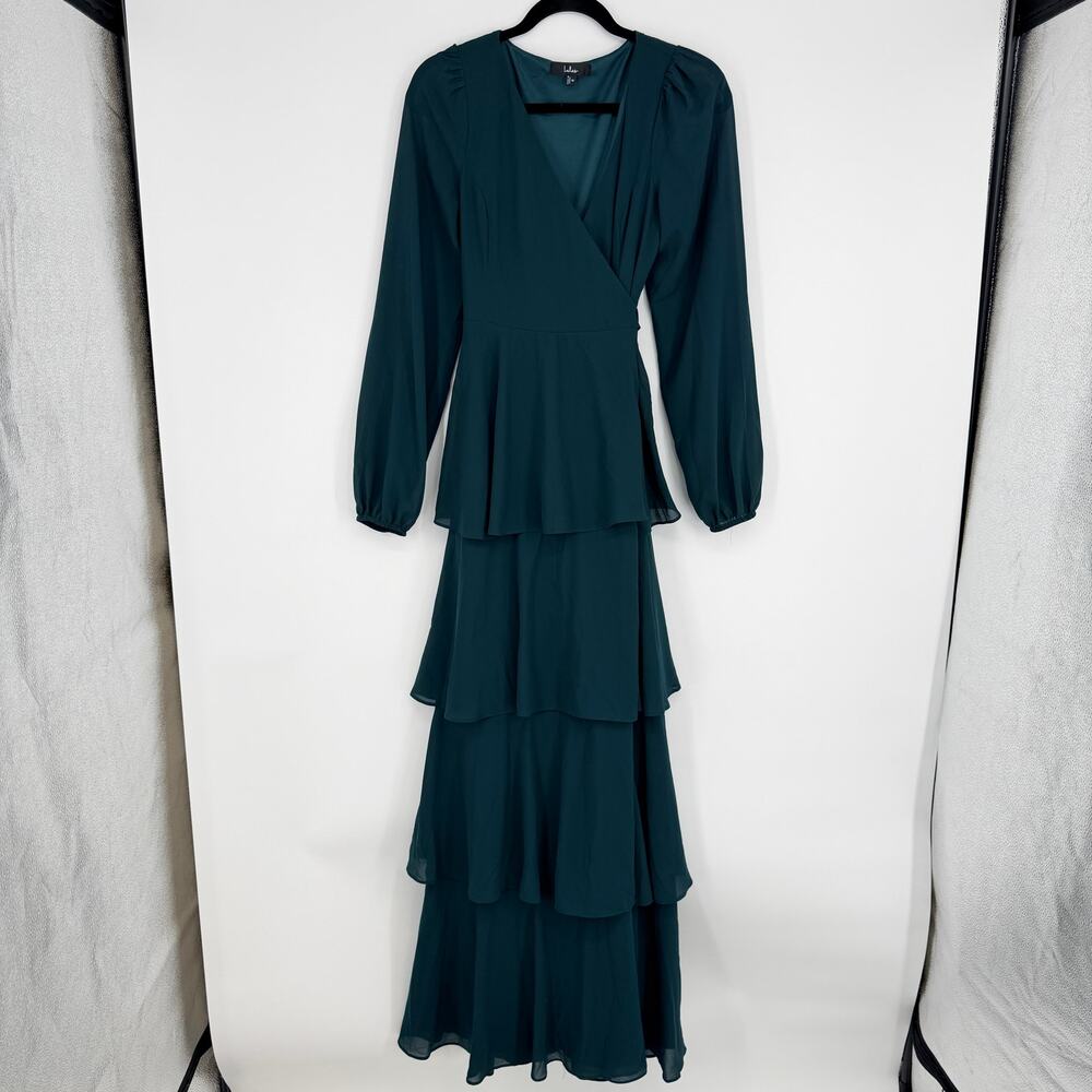 Lulus Marvelous Grace Emerald Long Sleeve Tiered Wrap Maxi Dress Medium
